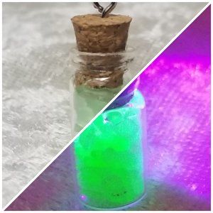 Crushed Uranium Glass Mini Bottle Pendant ~ Glows under UV Light!